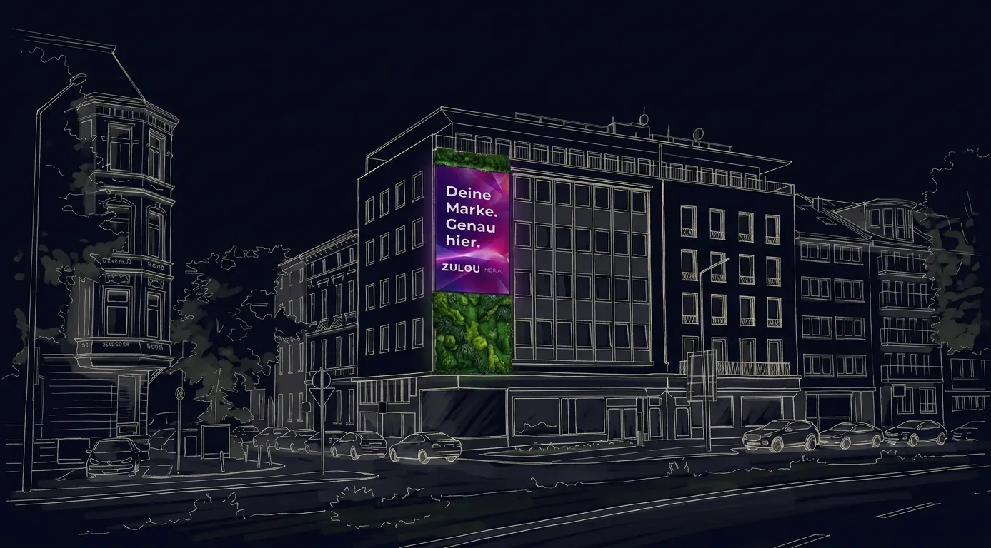 Designentwurf: vertikale Mooswand rund um den ZULOU MEDIA Big Screen an der Mercatorstraße Duisburg